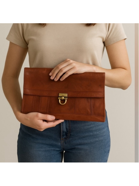 Vintage Handbags - Vintage Leather Clutch Brown Brass Clasp Foldover Bag